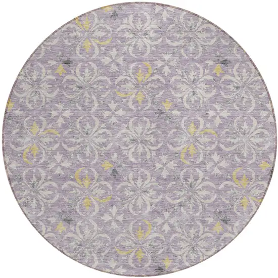 8' Lavender Gold And Gray Round Floral Washable Indoor Outdoor Area Rug Photo 2