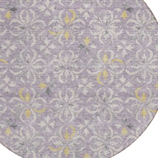 8' Lavender Gold And Gray Round Floral Washable Indoor Outdoor Area Rug Photo 5