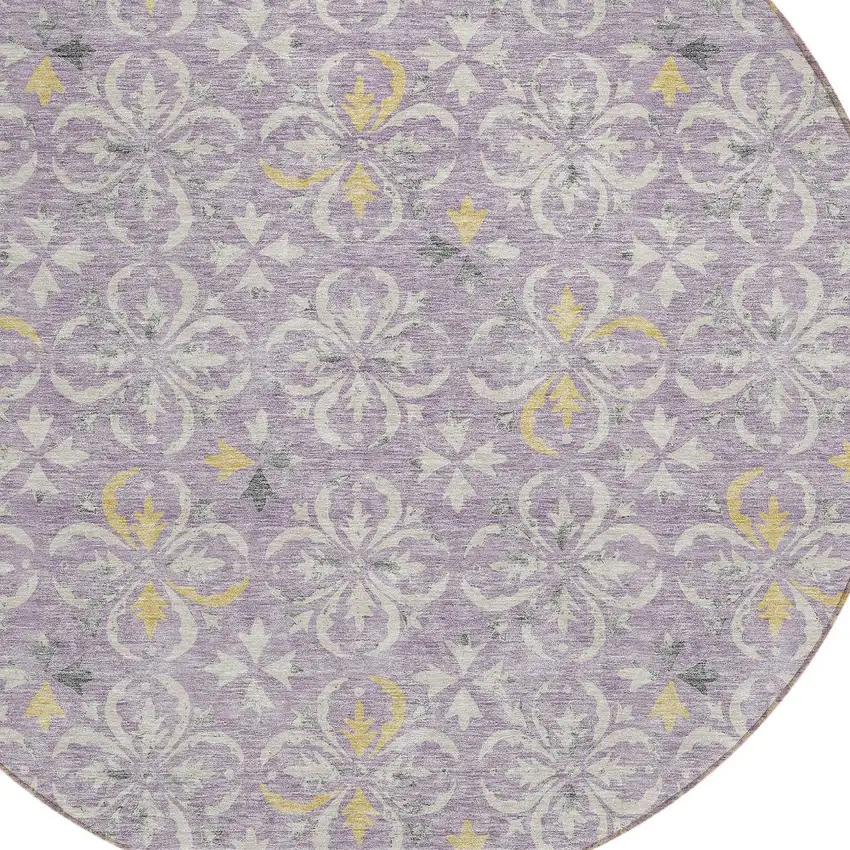 8' Lavender Gold And Gray Round Floral Washable Indoor Outdoor Area Rug Photo 5