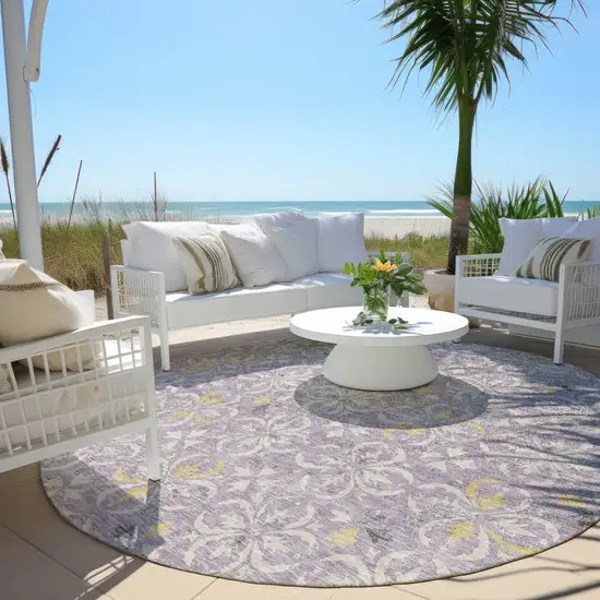 8' Lavender Gold And Gray Round Floral Washable Indoor Outdoor Area Rug Photo 7