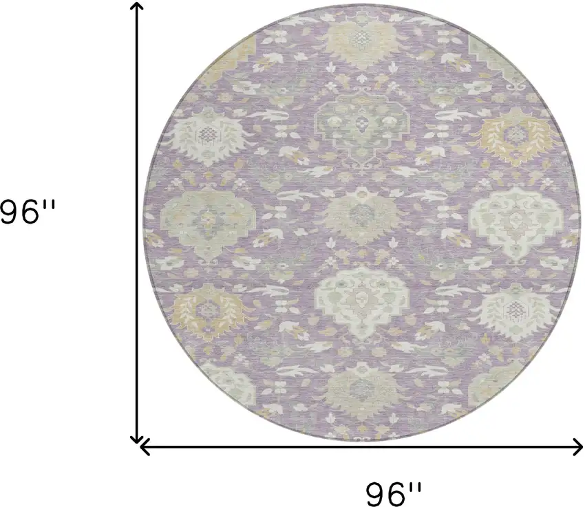 8' Lavender Gold And Green Round Damask Washable Indoor Outdoor Area Rug Photo 3