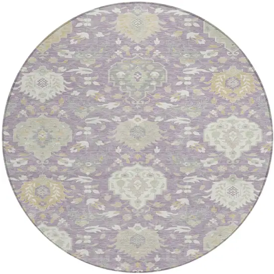 8' Lavender Gold And Green Round Damask Washable Indoor Outdoor Area Rug Photo 2