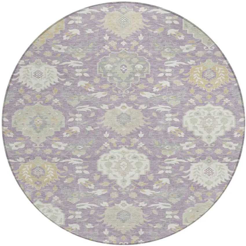 8' Lavender Gold And Green Round Damask Washable Indoor Outdoor Area Rug Photo 2