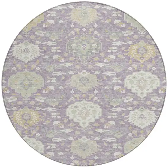 8' Lavender Gold And Green Round Damask Washable Indoor Outdoor Area Rug Photo 5