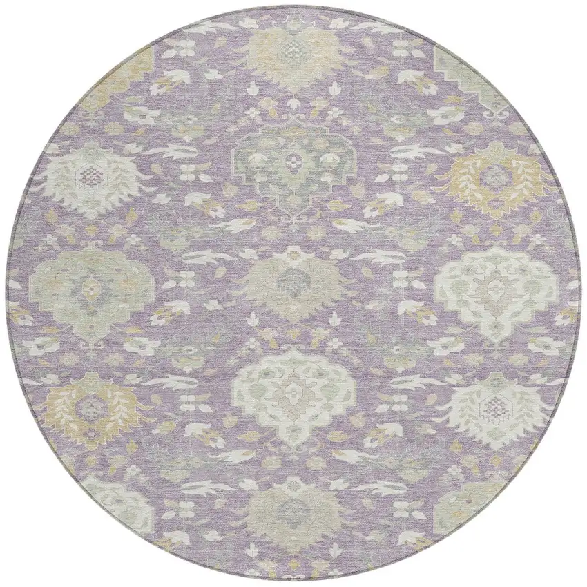 8' Lavender Gold And Green Round Damask Washable Indoor Outdoor Area Rug Photo 5