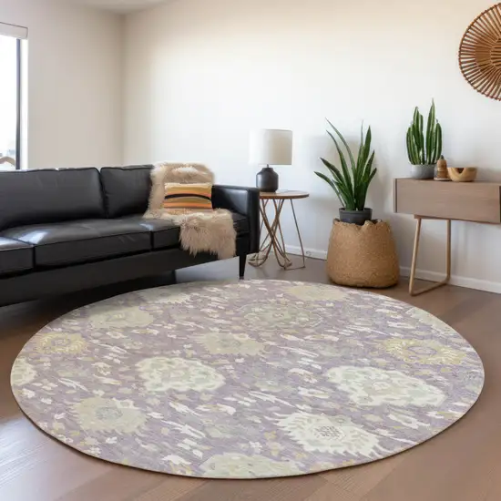 8' Lavender Gold And Green Round Damask Washable Indoor Outdoor Area Rug Photo 8