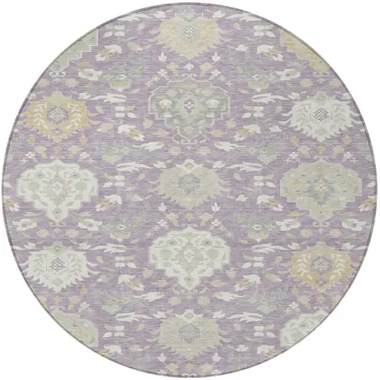 8' Lavender Gold And Green Round Damask Washable Indoor Outdoor Area Rug Photo 6