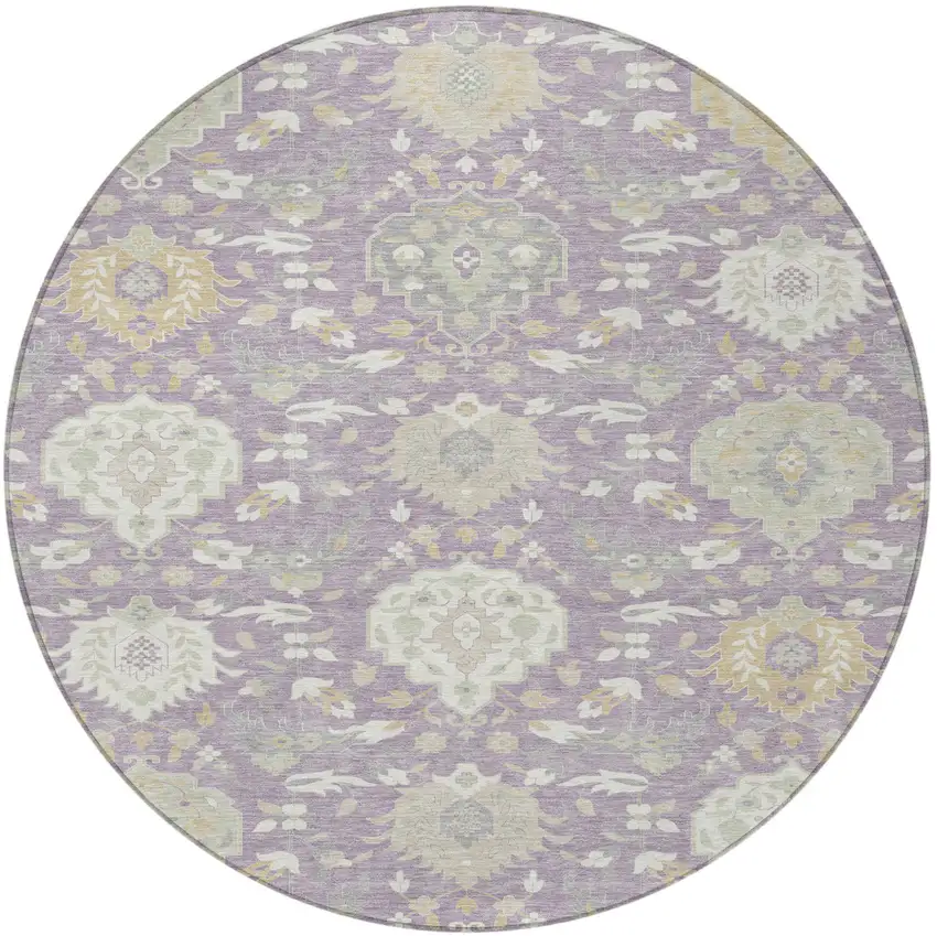 8' Lavender Gold And Green Round Damask Washable Indoor Outdoor Area Rug Photo 6