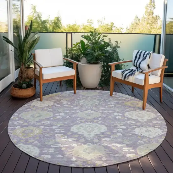 8' Lavender Gold And Green Round Damask Washable Indoor Outdoor Area Rug Photo 7