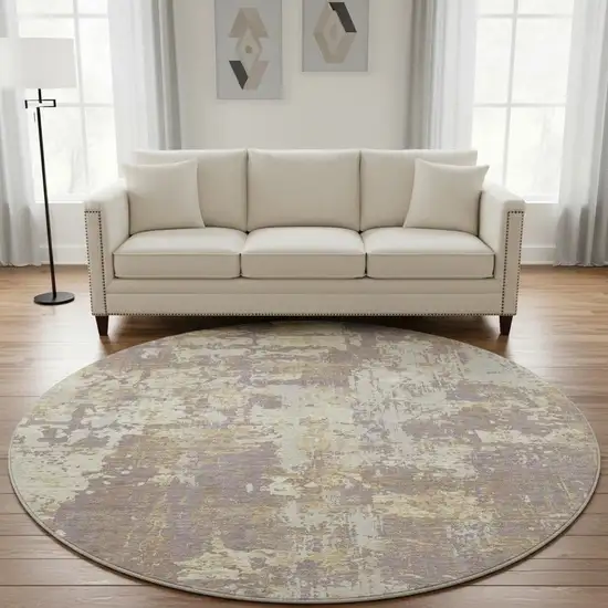8' Lavender Gold And Ivory Abstract Washable Round Rug With UV Protection Photo 2