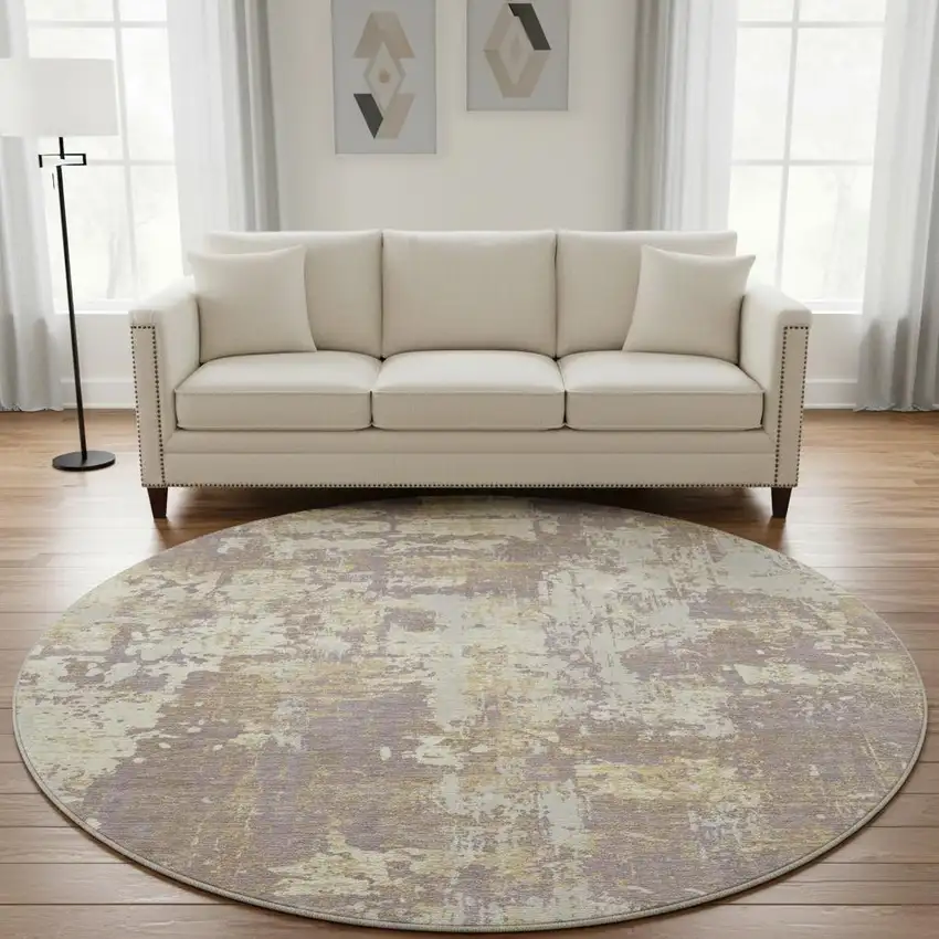 8' Lavender Gold And Ivory Abstract Washable Round Rug With UV Protection Photo 2