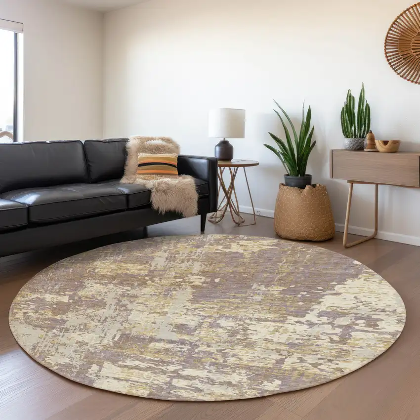 8' Lavender Gold And Ivory Abstract Washable Round Rug With UV Protection Photo 4