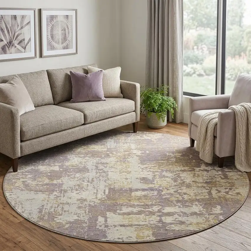 8' Lavender Gold And Ivory Abstract Washable Round Rug With UV Protection Photo 1