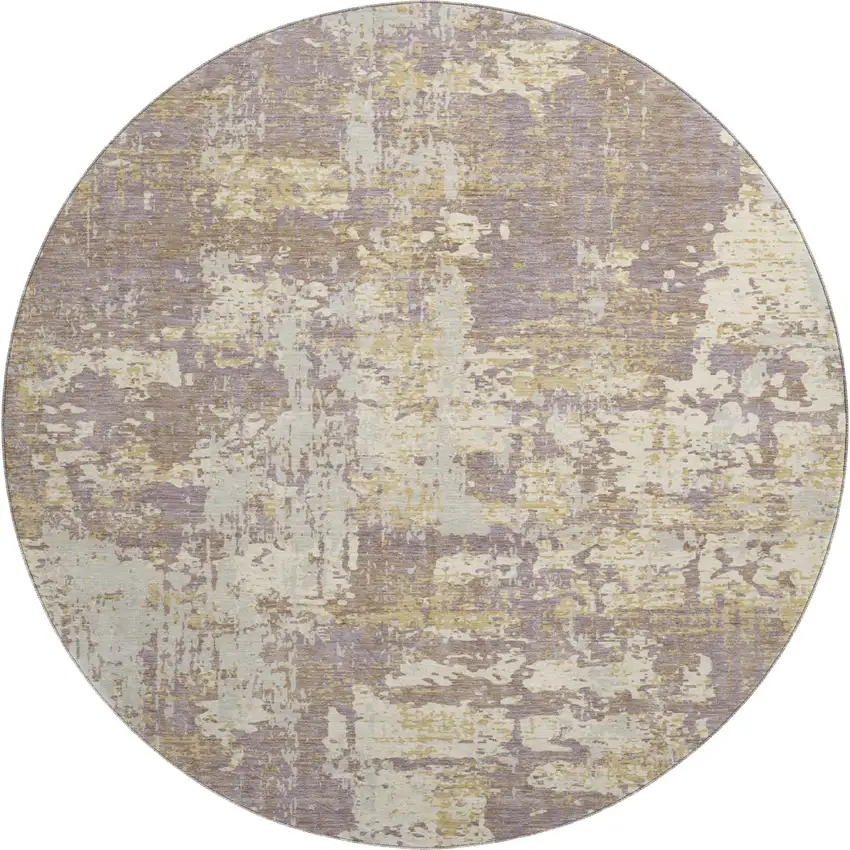 8' Lavender Gold And Ivory Abstract Washable Round Rug With UV Protection Photo 1