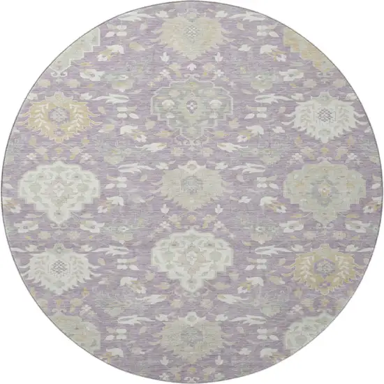 8' Lavender Gold And Ivory Damask Washable Round Rug With UV Protection Photo 3
