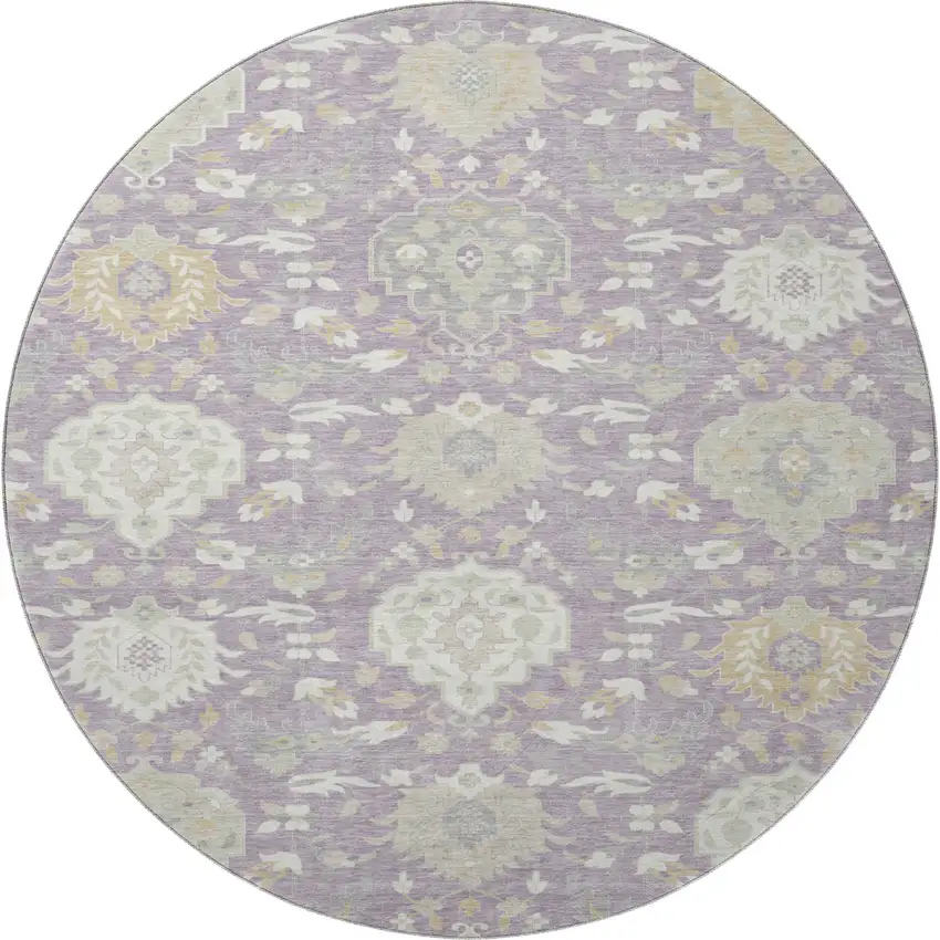 8' Lavender Gold And Ivory Damask Washable Round Rug With UV Protection Photo 3