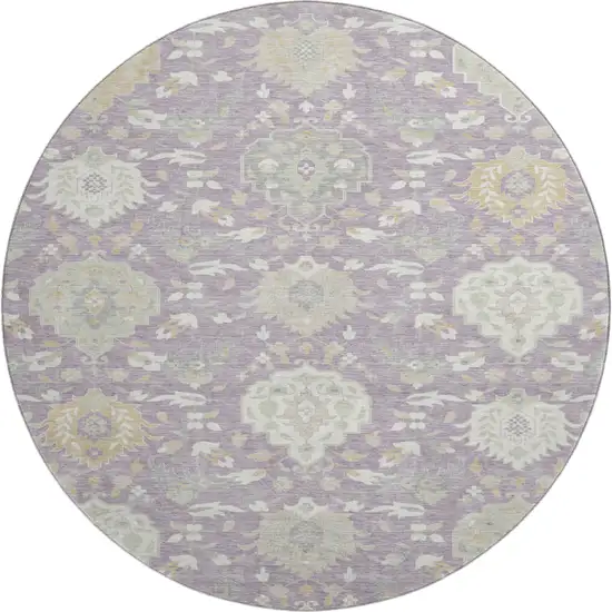 8' Lavender Gold And Ivory Damask Washable Round Rug With UV Protection Photo 1