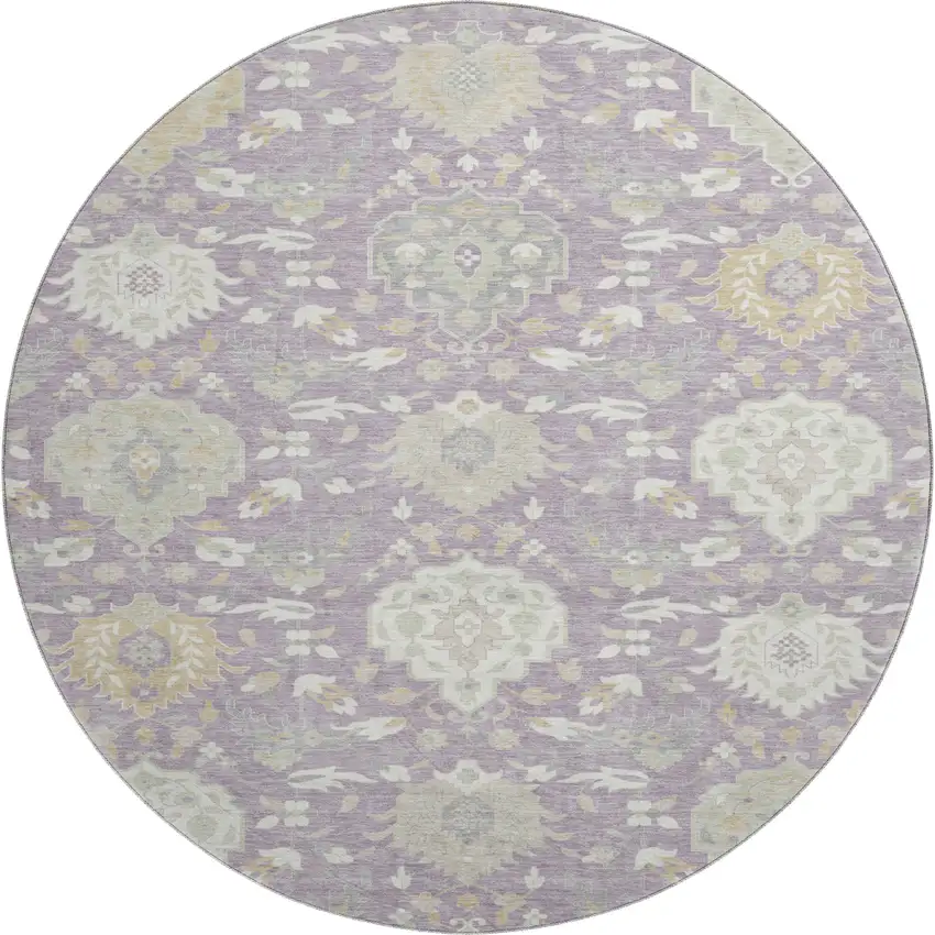 8' Lavender Gold And Ivory Damask Washable Round Rug With UV Protection Photo 1