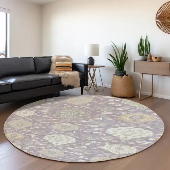 8' Lavender Gold And Ivory Damask Washable Round Rug With UV Protection Photo 4