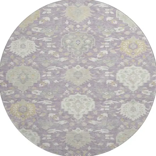 8' Lavender Gold And Ivory Damask Washable Round Rug With UV Protection Photo 2