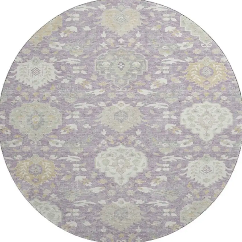8' Lavender Gold And Ivory Damask Washable Round Rug With UV Protection Photo 2