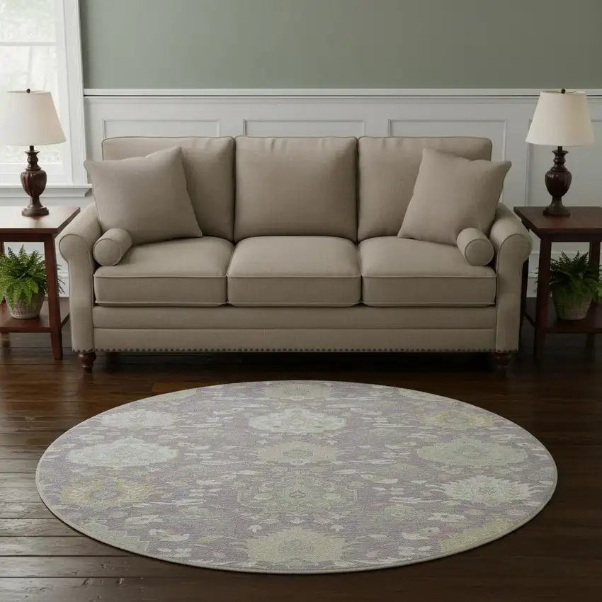 8' Lavender Gold And Ivory Damask Washable Round Rug With UV Protection Photo 2
