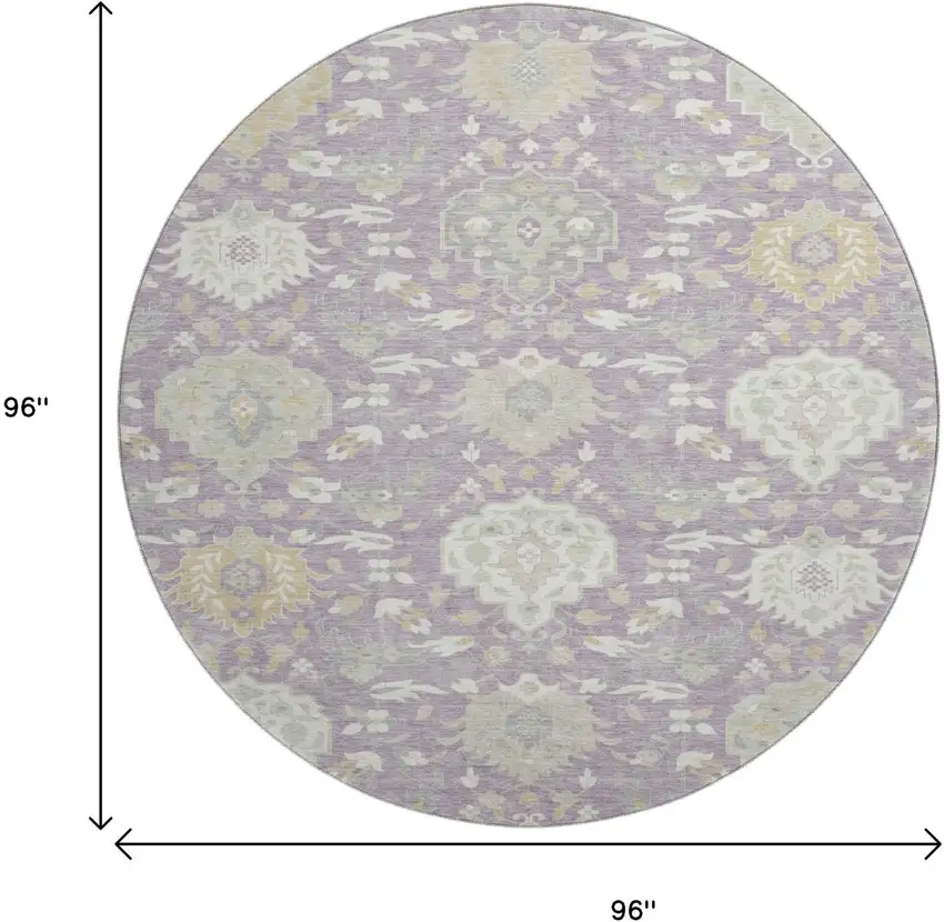 8' Lavender Gold And Ivory Damask Washable Round Rug With UV Protection Photo 9