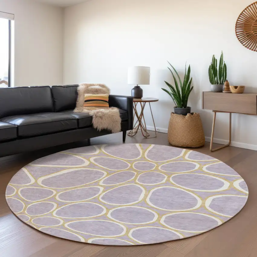 8' Lavender Gold And Ivory Geometric Washable Round Rug With UV Protection Photo 4