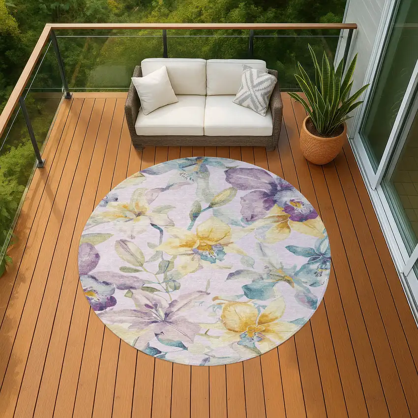 8' Lavender Gold And Ivory Round Floral Washable Indoor Outdoor Area Rug Photo 8