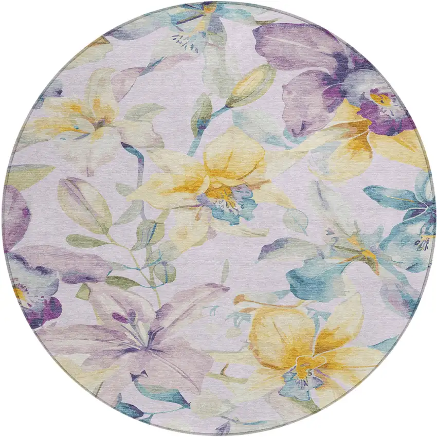 8' Lavender Gold And Ivory Round Floral Washable Indoor Outdoor Area Rug Photo 2