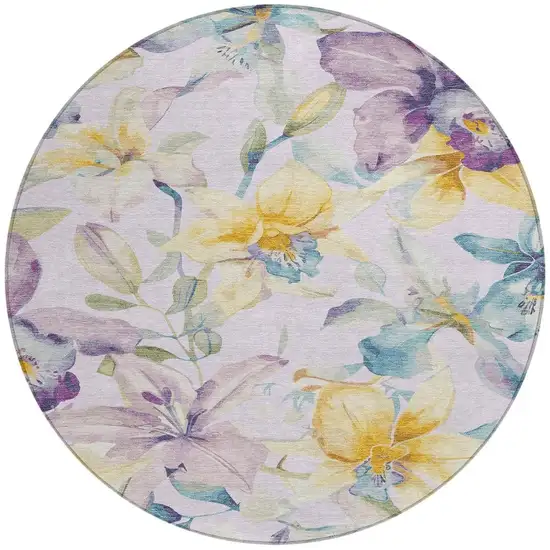 8' Lavender Gold And Ivory Round Floral Washable Indoor Outdoor Area Rug Photo 4