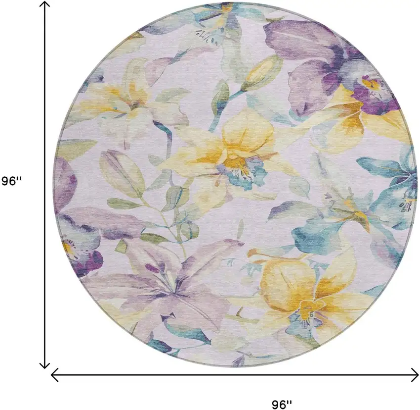 8' Lavender Gold And Ivory Round Floral Washable Indoor Outdoor Area Rug Photo 3