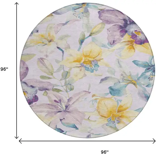 8' Lavender Gold And Ivory Round Floral Washable Indoor Outdoor Area Rug Photo 3