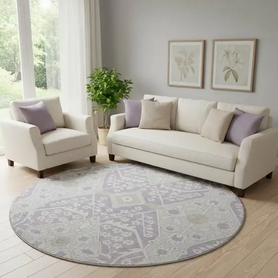 8' Lavender Gray And Beige Floral Washable Round Rug With UV Protection Photo 1