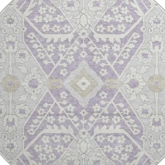 8' Lavender Gray And Beige Floral Washable Round Rug With UV Protection Photo 4