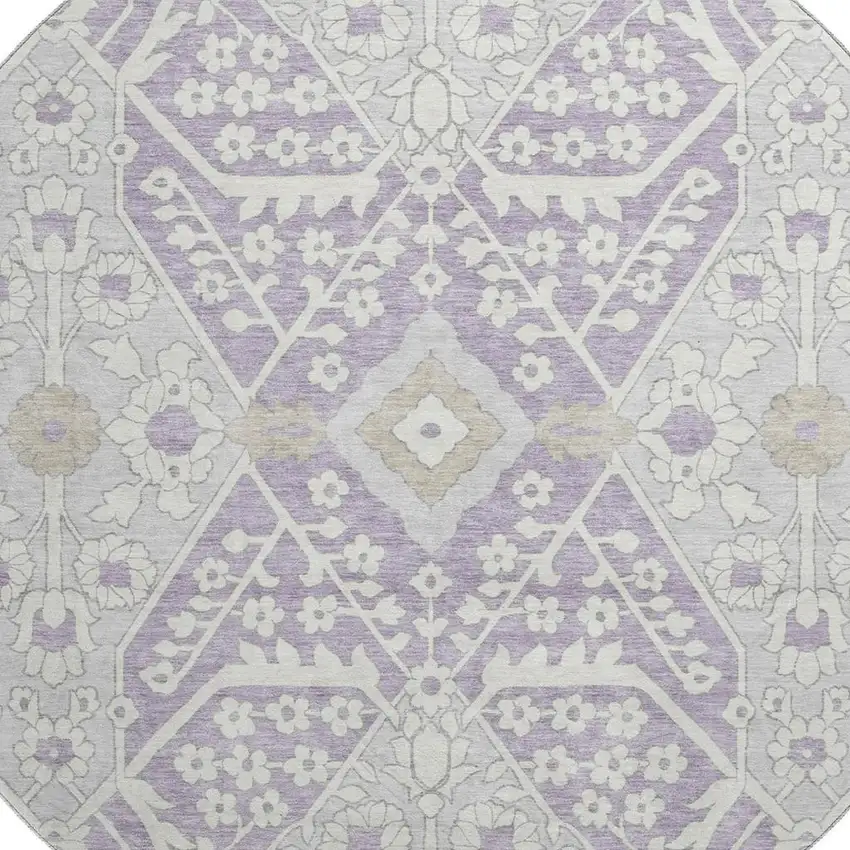 8' Lavender Gray And Beige Floral Washable Round Rug With UV Protection Photo 4