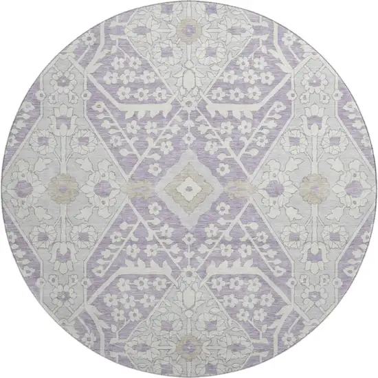 8' Lavender Gray And Beige Floral Washable Round Rug With UV Protection Photo 2