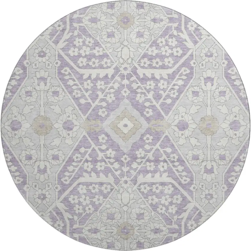 8' Lavender Gray And Beige Floral Washable Round Rug With UV Protection Photo 2