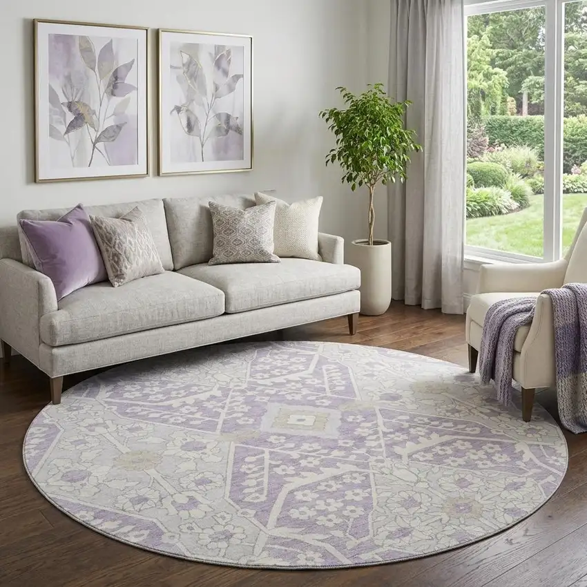 8' Lavender Gray And Beige Floral Washable Round Rug With UV Protection Photo 1