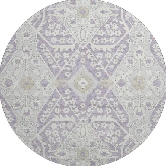 8' Lavender Gray And Beige Floral Washable Round Rug With UV Protection Photo 5