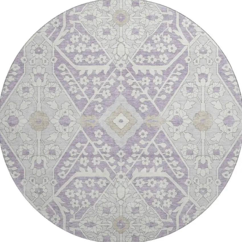 8' Lavender Gray And Beige Floral Washable Round Rug With UV Protection Photo 5