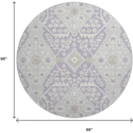 8' Lavender Gray And Beige Floral Washable Round Rug With UV Protection Photo 3