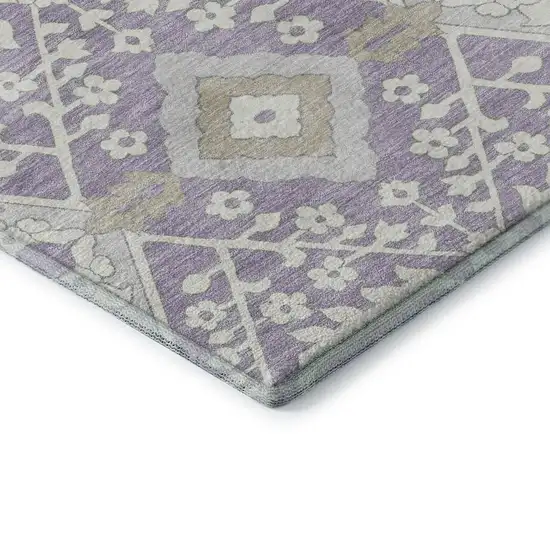 8' Lavender Gray And Beige Floral Washable Round Rug With UV Protection Photo 8