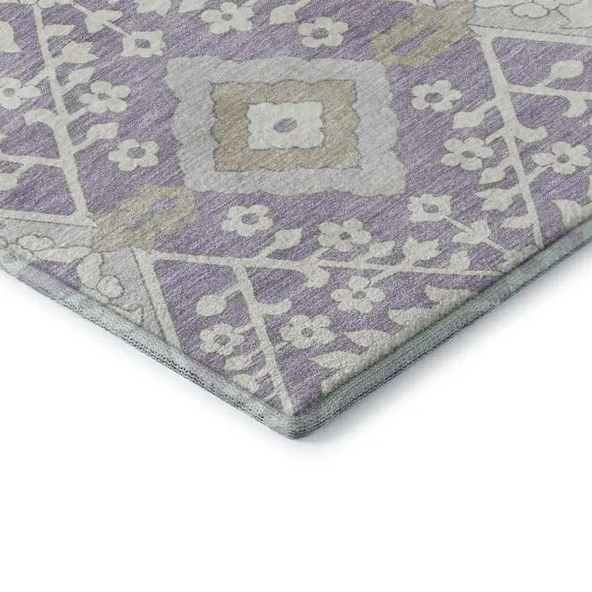 8' Lavender Gray And Beige Floral Washable Round Rug With UV Protection Photo 8