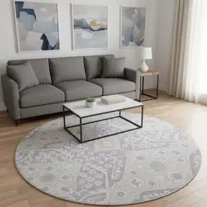 Photo of 8' Lavender Gray And Beige Floral Washable Round Rug With UV Protection