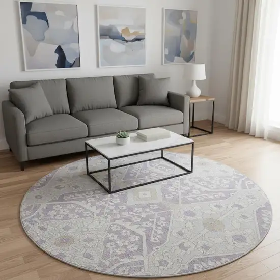 8' Lavender Gray And Beige Floral Washable Round Rug With UV Protection Photo 1