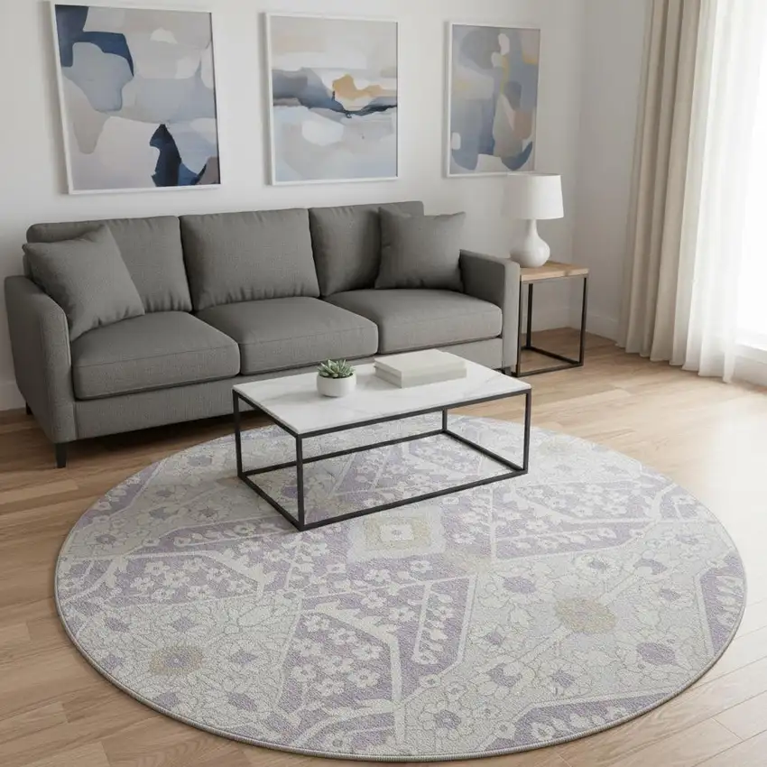 8' Lavender Gray And Beige Floral Washable Round Rug With UV Protection Photo 1