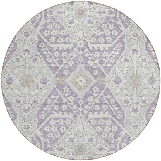 8' Lavender Gray And Beige Round Floral Washable Indoor Outdoor Area Rug Photo 2
