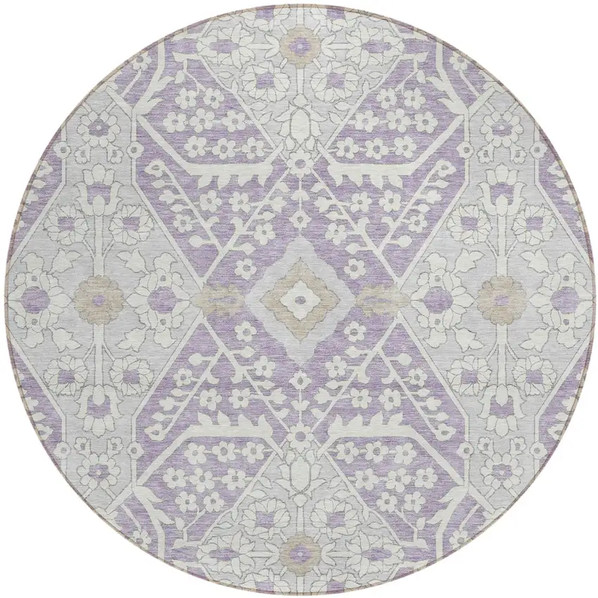 8' Lavender Gray And Beige Round Floral Washable Indoor Outdoor Area Rug Photo 2