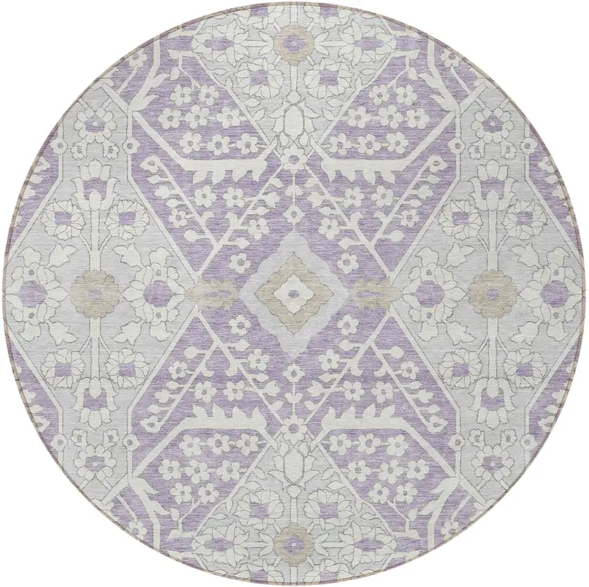 8' Lavender Gray And Beige Round Floral Washable Indoor Outdoor Area Rug Photo 8